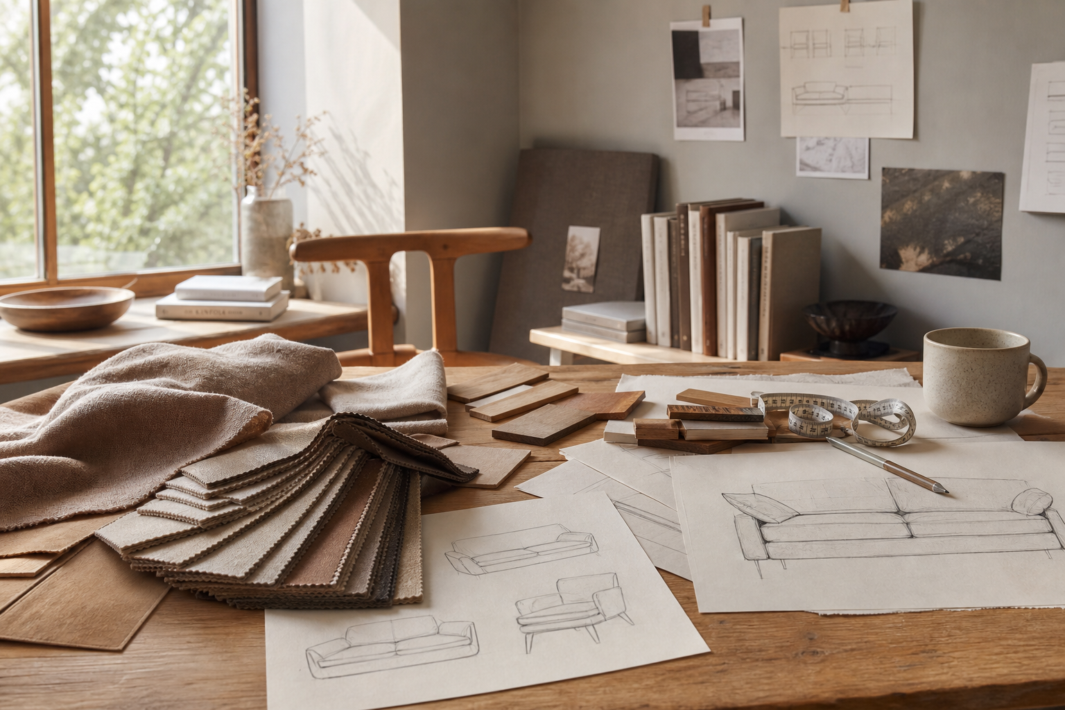 Furniture design studio workspace with fabric swatches and hand-drawn sofa sketches