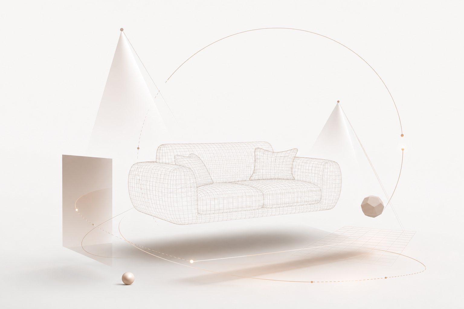 Abstract illustration of studio lighting and wireframe geometry representing a real-time 3D engine