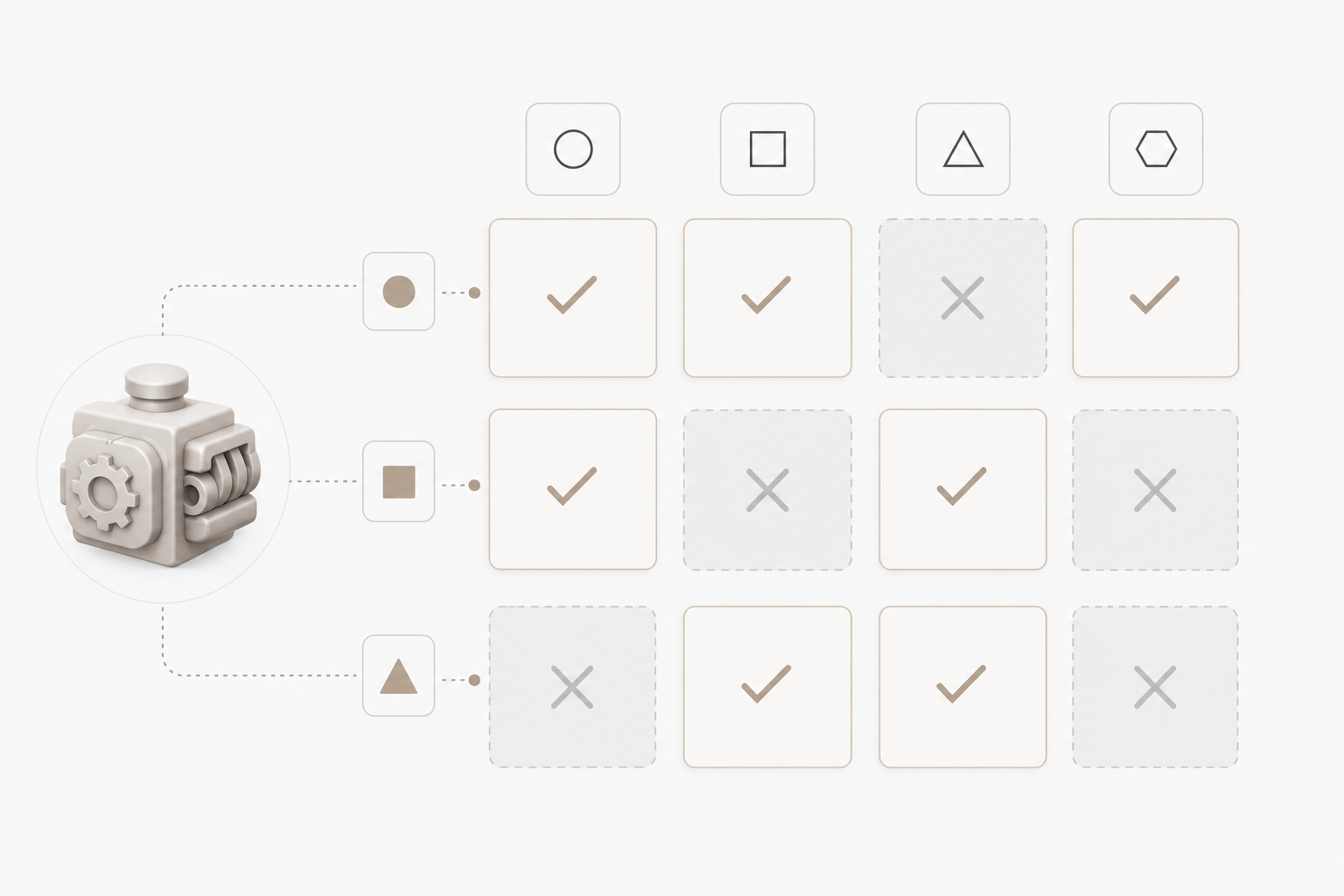 Abstract grid of option tiles with checkmarks and greyed-out invalid states