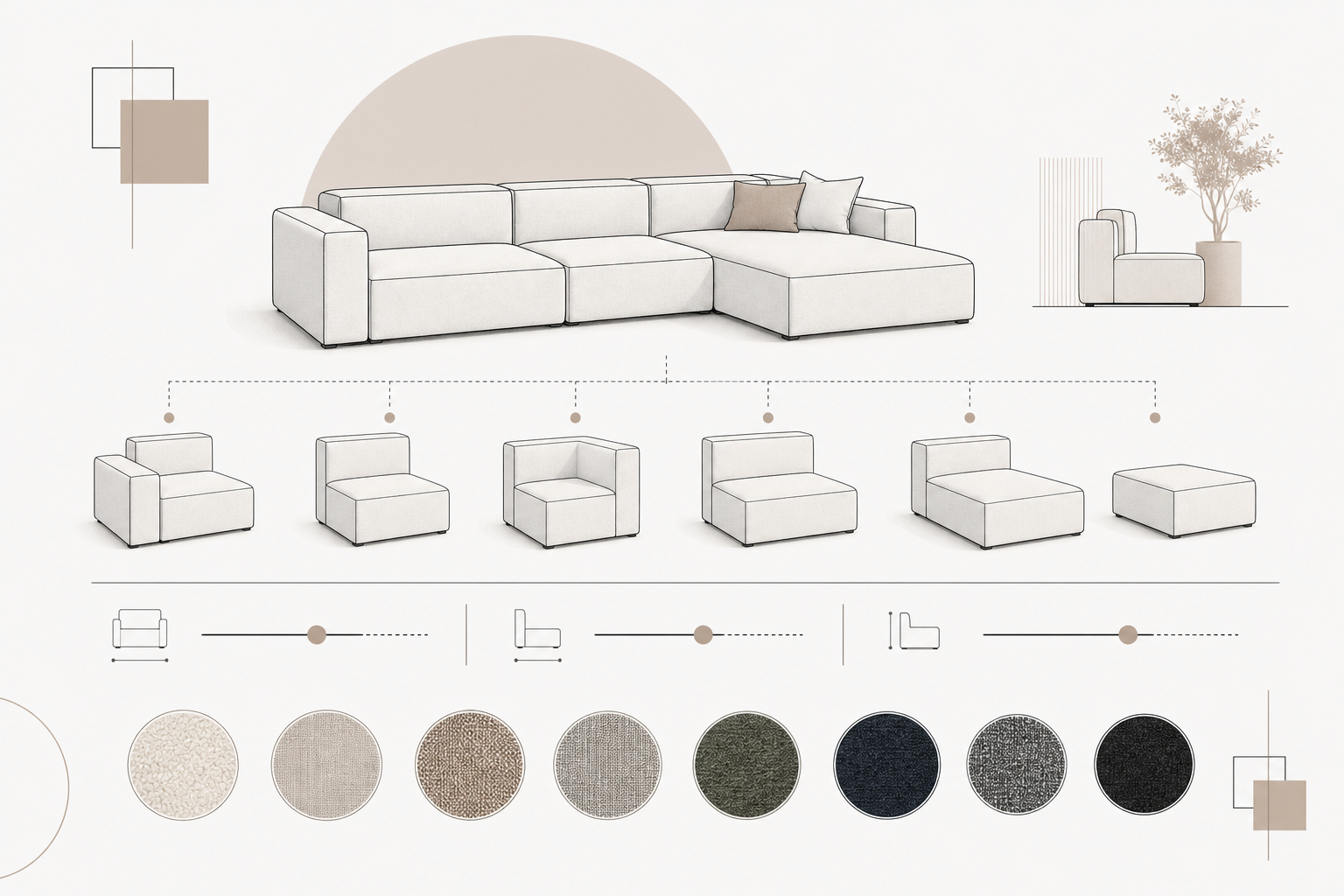 Abstract modular sofa diagram with dimension sliders and fabric swatches