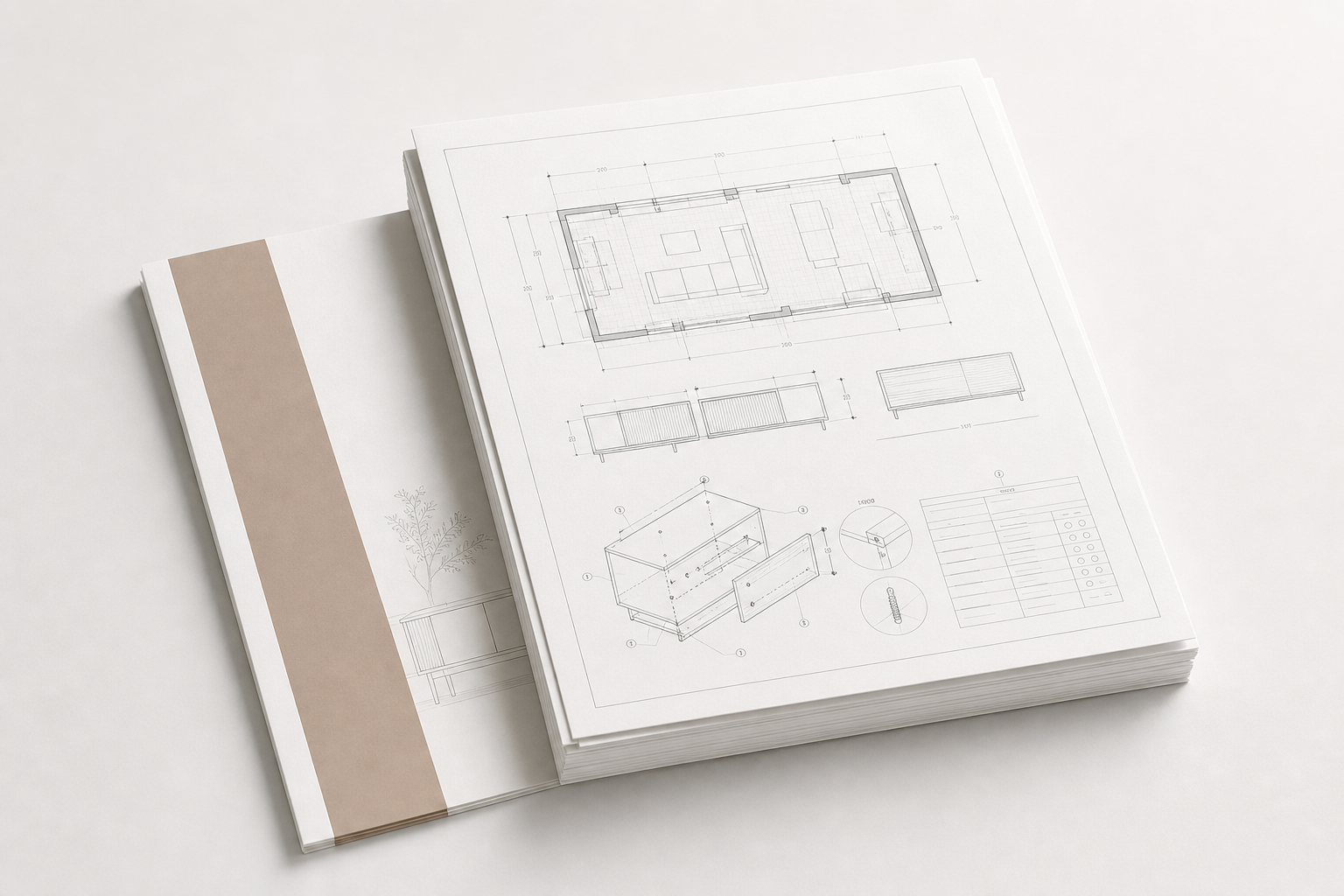 Elegant stack of technical furniture plans and assembly documents