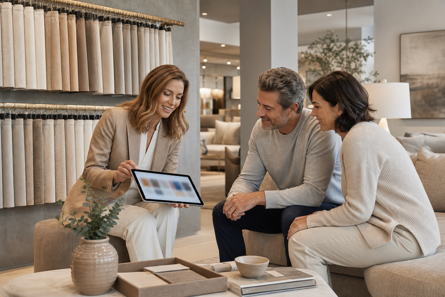 Showroom associate guiding a customer with a tablet near fabric swatches