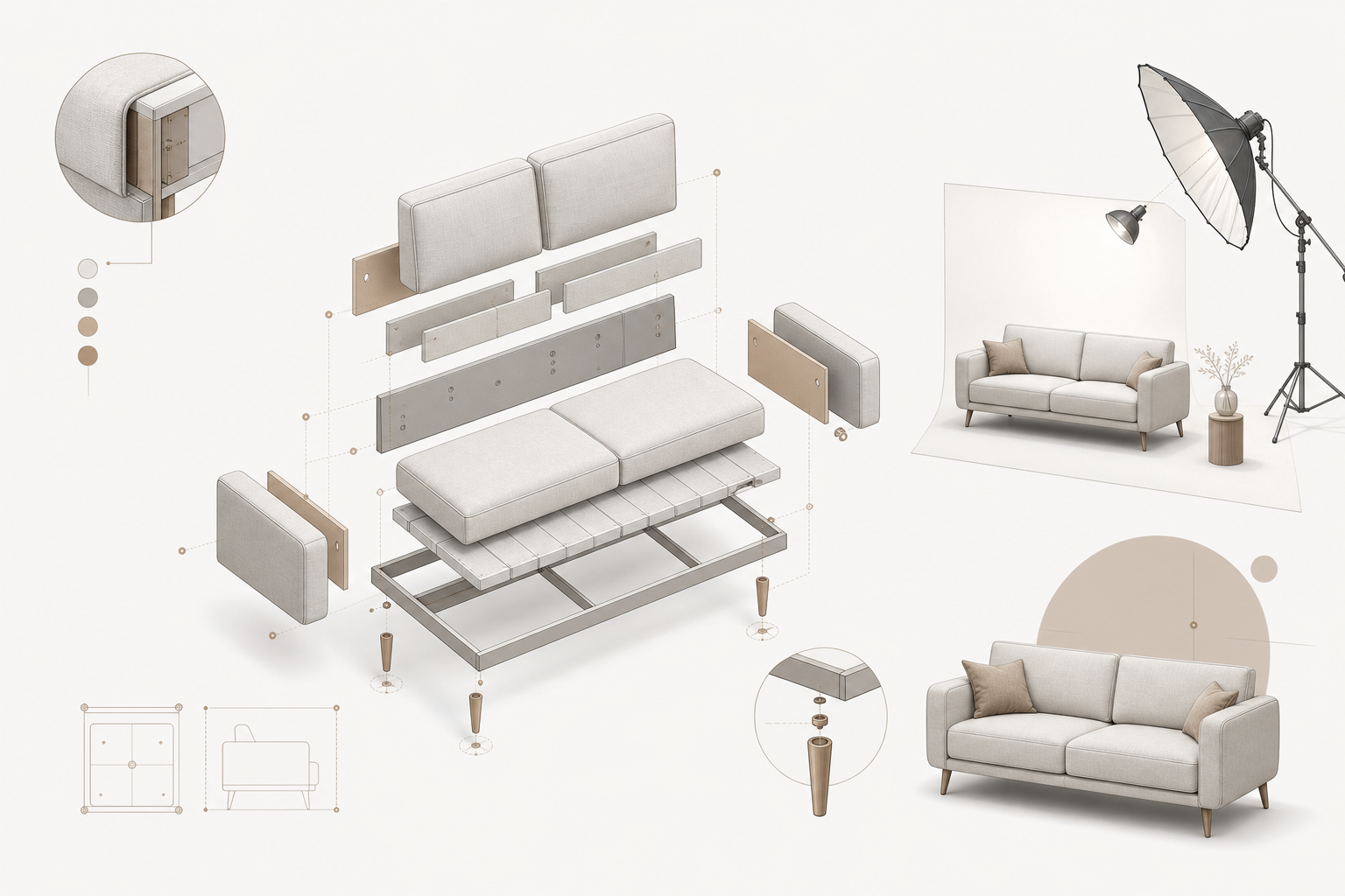 Exploded kit-of-parts diagram of sofa components with studio lighting guides