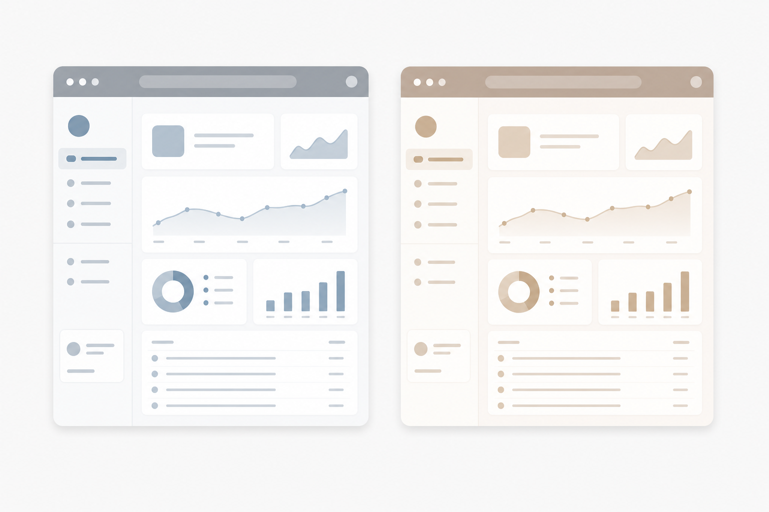 Two stylized browser frames showing the same layout with different brand colors