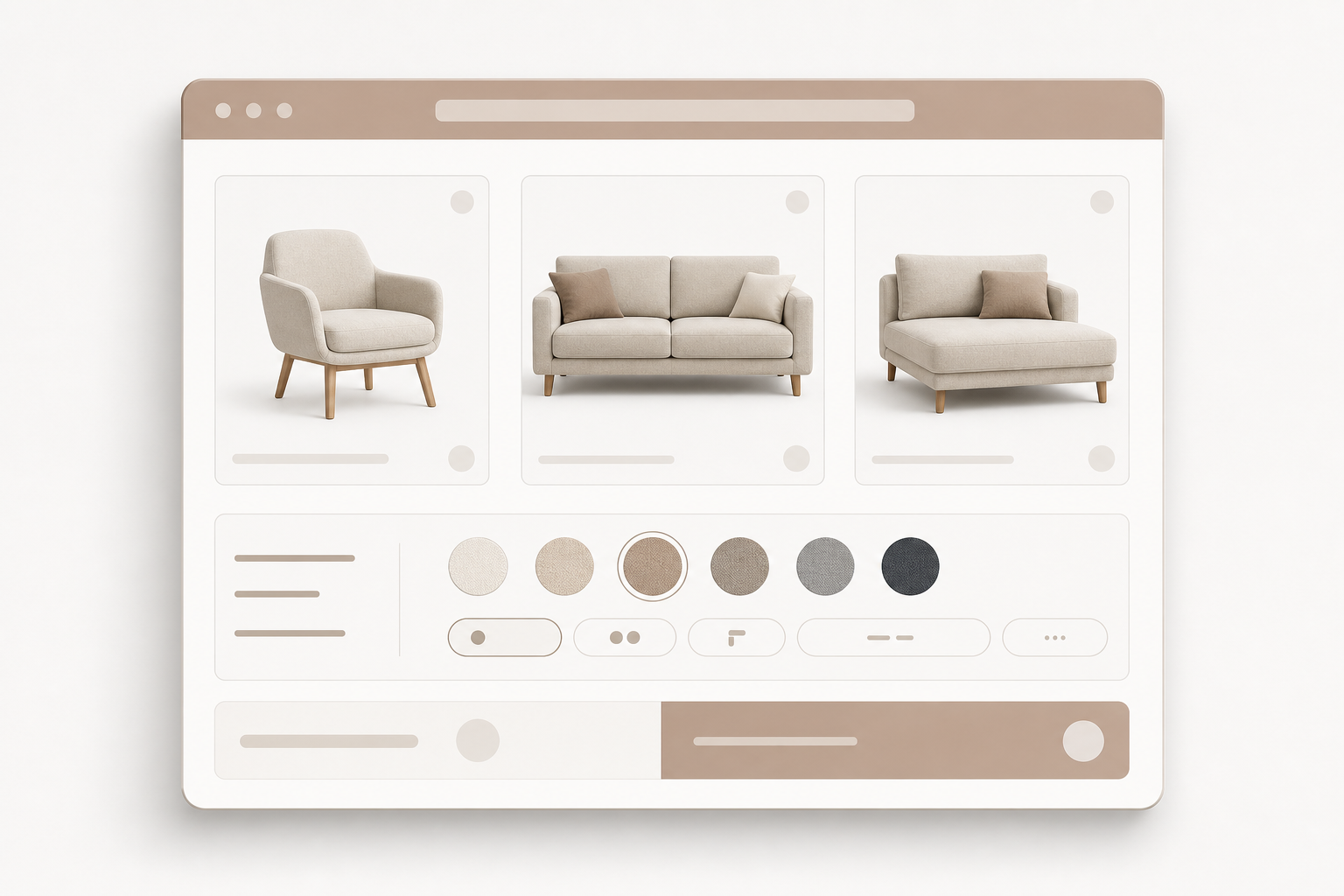 Concept illustration of a stylized browser frame with abstract catalog configuration UI