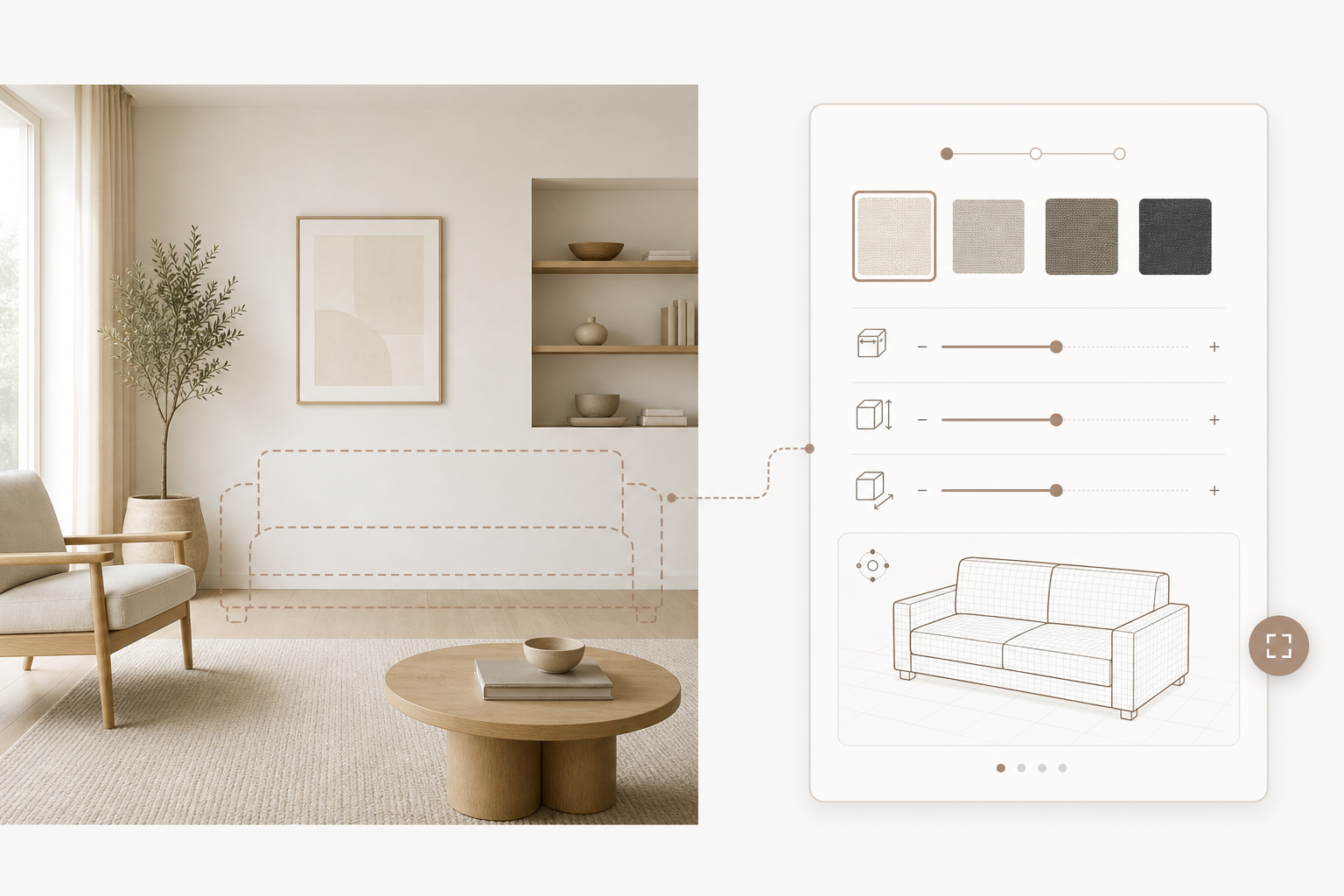 Concept illustration of a room photo with abstract sofa placement and configuration controls